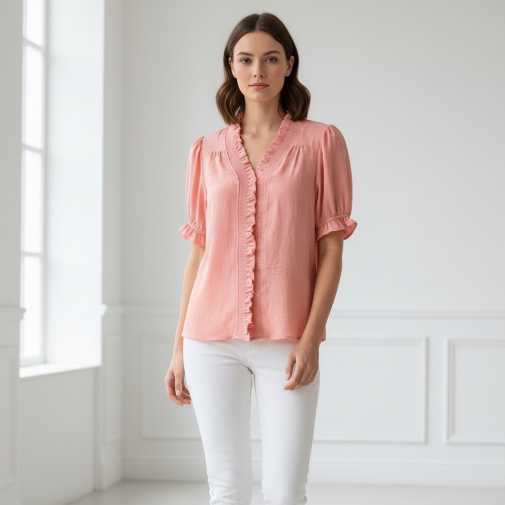Easel Los Angeles Chic Coral Ruffle Blouse